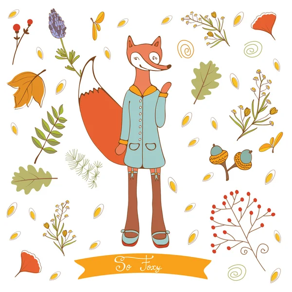 Hallo herfst elegante kaart met schattige fox karakter en herfst gebladerte — Stockvector