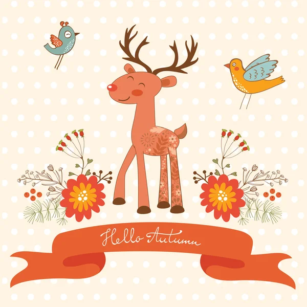 Hello autumn concept card with cute deer — Stock Vector