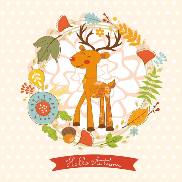 Hello autumn concept card with cute deer — Stock Vector