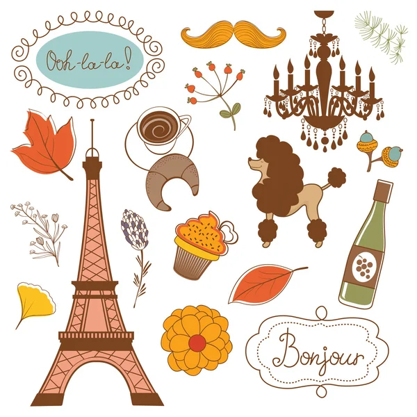 Outono em Paris. Conjunto elegante com flores Torre Eiffel cupcakes pássaros e outros elementos gráficos . — Vetor de Stock