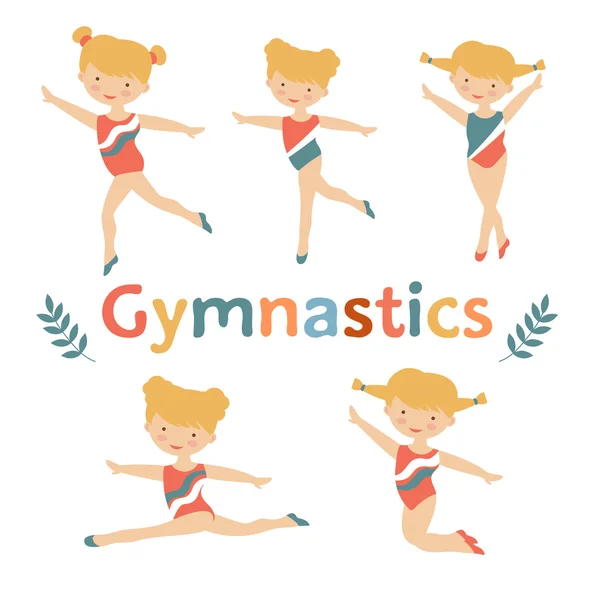 Roztomilý malý gymnastka dívky znaky sady — Stockový vektor