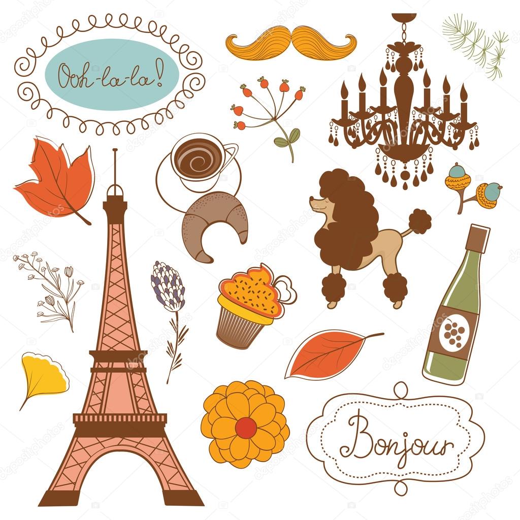 Autumn in Paris. Elegant set with Eiffel tower flowers birds   cupcakes and other graphic elements.