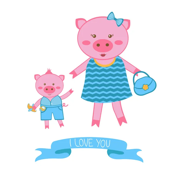 Illustration of mother pig and piglet — Stock Vector