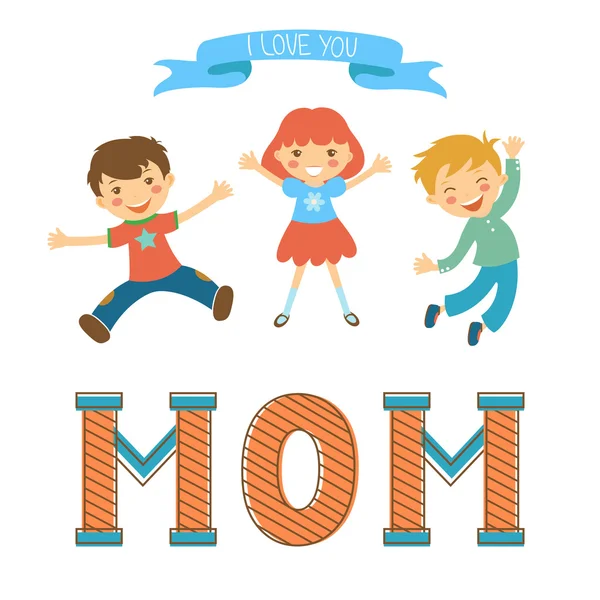 Cute mothers day postcard withkids jumping over a word MOM in vintege style. — Stock Vector