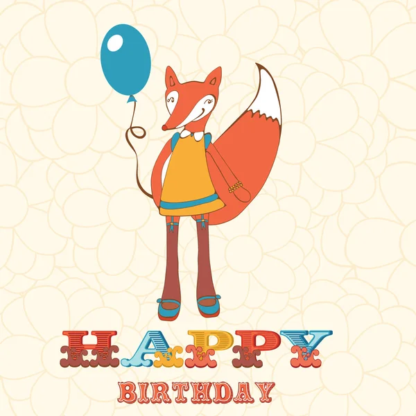 Colorful happy birthday card with cute fox girl holding balloon — Stock Vector