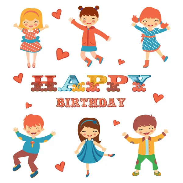 Stylish Happy birthday card with cute kids jumping. — Stock Vector