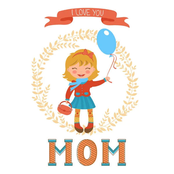 Милі мами день листівка з маленькою дівчинкою тримає повітряну кулю і слово MOM в стилі вступ . Ліцензійні Стокові Вектори