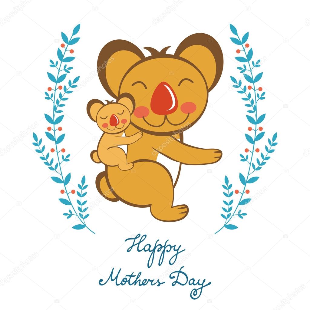 Happy Mothers day card with cute koalas mom and kid