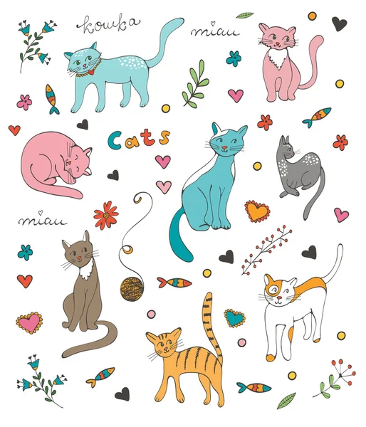 Leuke kleurrijke set van hand getrokken katten met twijgen bloemen en bladeren — Stockvector