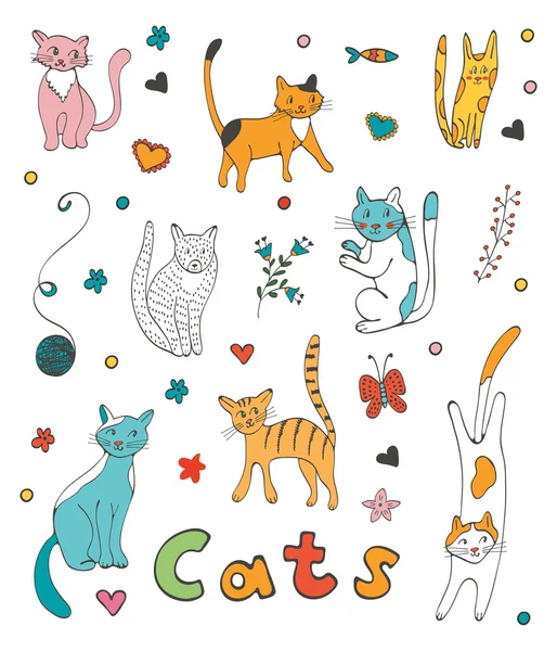 Cute colorful set  of hand drawn cats — Stok Vektör