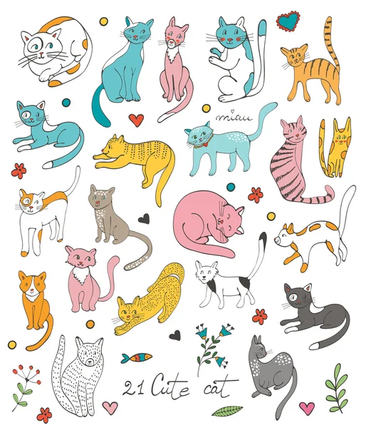 21 cute hand drawn cat colorful set with twigs flowers and leaves — Stok Vektör