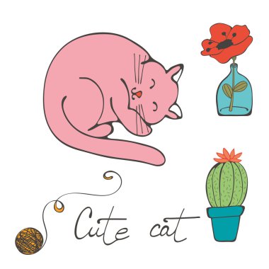 Uyku, bir kedi cam vazo ve kaktüs çiçeği resmi