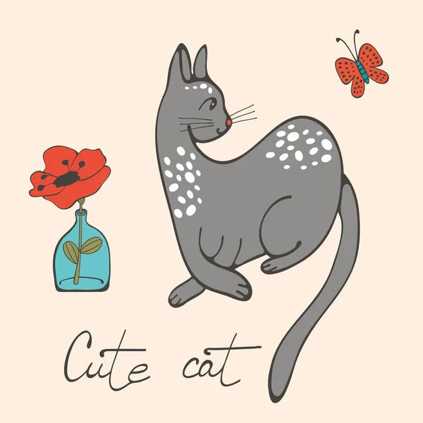Ілюстрація кота і квітки у скляній вазі — стоковий вектор