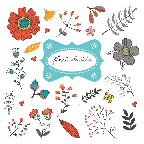 Elegante colección con flores, hojas y ramitas — Vector de stock