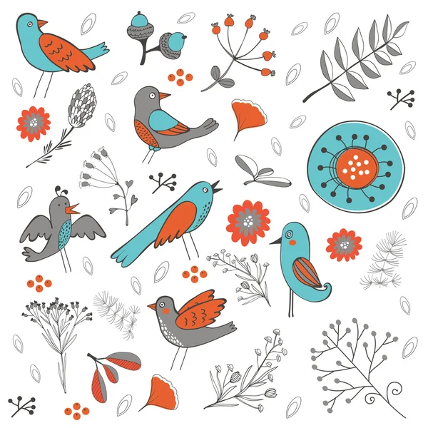 Kuşlar ve çiçekler renkli kompozisyonu — Stok Vektör