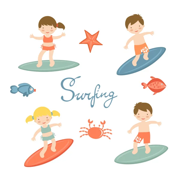 Cute collection of surfing kids — Stock Vector