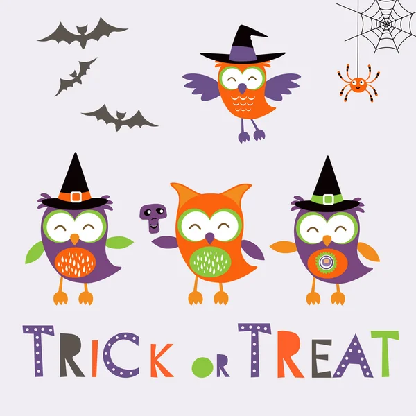 Trick or treat car with cute owl characters — Stock Vector