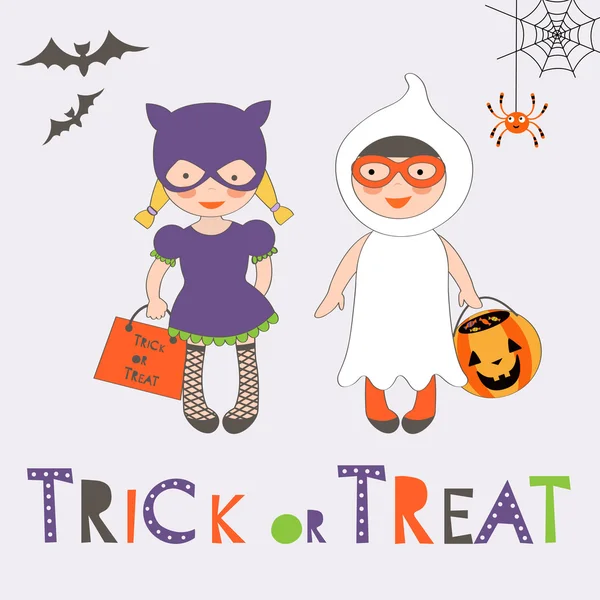 Truc of behandelen van Halloween kaart met twee kinderen — Stockvector