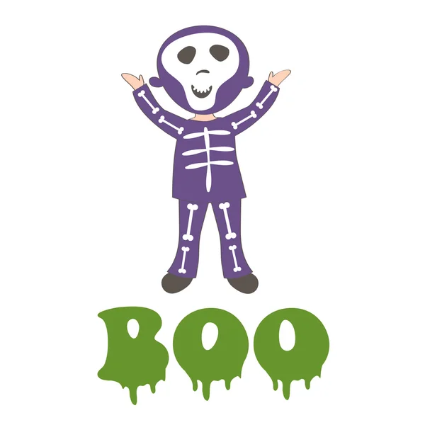 Boocard com um menino vestido como esqueleto —  Vetores de Stock