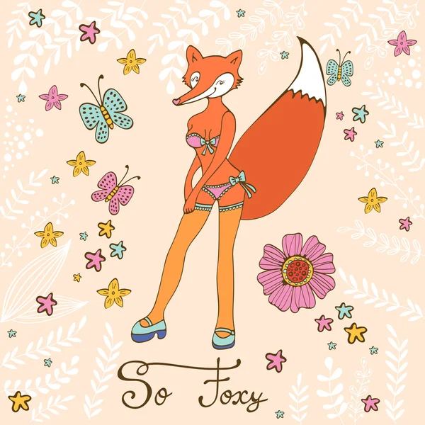 Donc foxy élégante carte concept avec caractère renard attrayant . — Image vectorielle