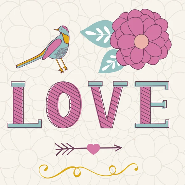 Cute Valentines day card with word love, flowers, arrow with heart and bird — Stock Vector