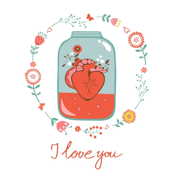 Concept love card with heart in jar and floral wreath. — Stock Vector