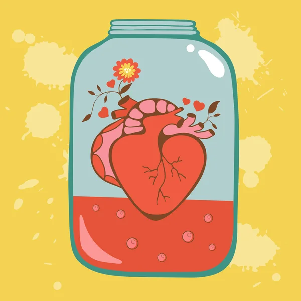 Concept love card with heart in jar. — Stock Vector