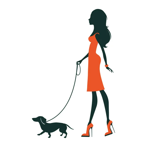 Ilustração de uma mulher bonita com dachshund —  Vetores de Stock