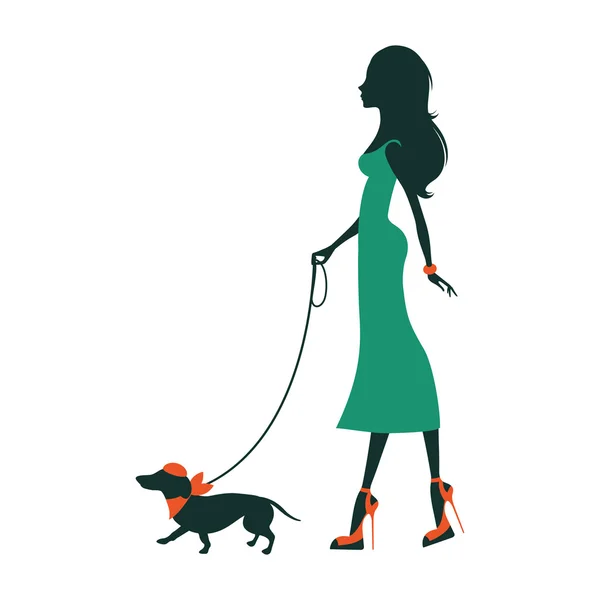 Ilustración de una hermosa mujer con dachshund — Vector de stock