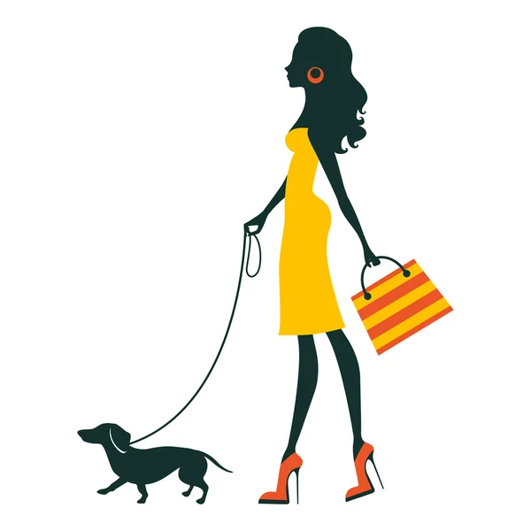 Ilustración de una hermosa mujer con dachshund — Vector de stock