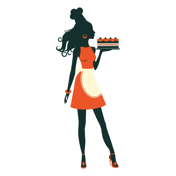 Beautiful baker holding freshly baked cake — Stock Vector