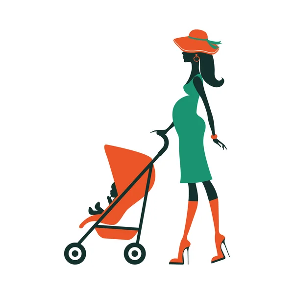 Moda mamá con bebé en cochecito bajo paraguas — Archivo Imágenes Vectoriales