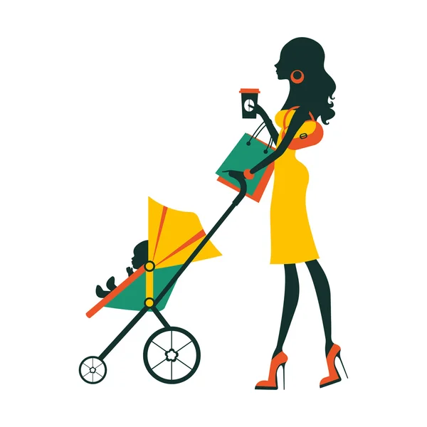 Fashion mom with baby in pram under umbrella — Stock Vector