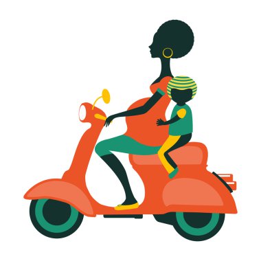 Scootering mom-to-be with a child clipart