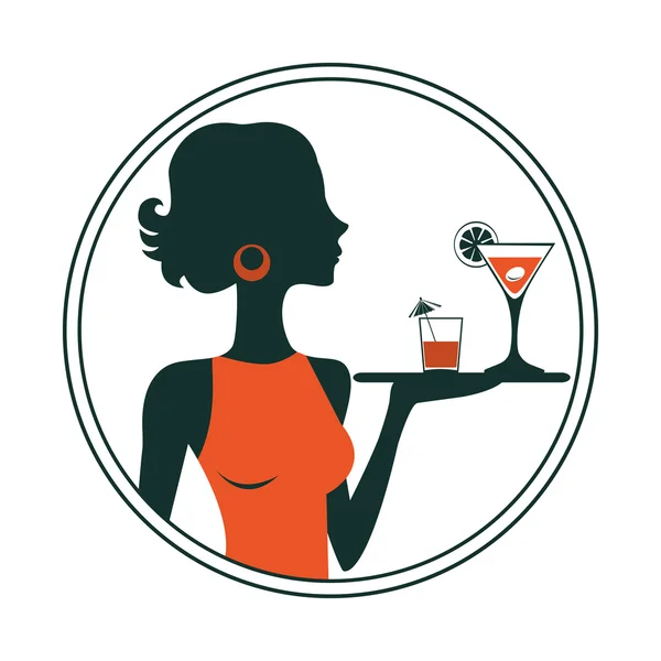 An illustration of a waitress holding cocktails — Stock Vector