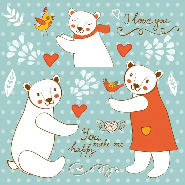 Cute polar bears colorful set with handwritten words You make me happy — Stock Vector
