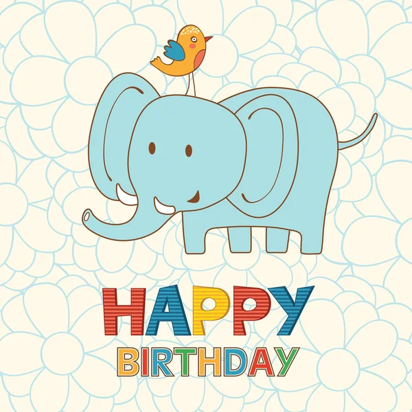 Lindo feliz cumpleaños tarjeta con elefante divertido y pájaro — Vector de stock