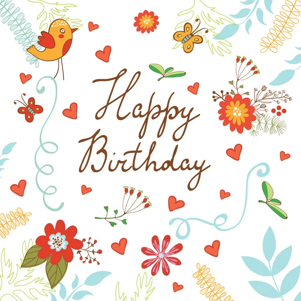 Feliz tarjeta de cumpleaños con flores y mariposas — Vector de stock