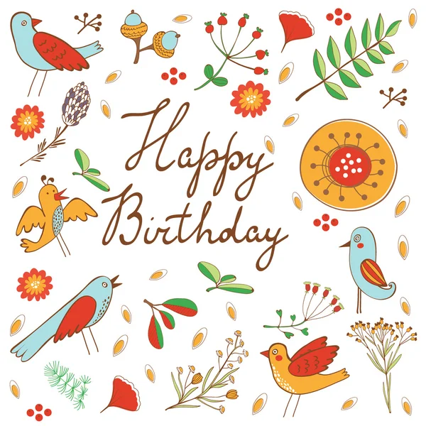 Happy Birthday card with flowers and birds — Stock Vector