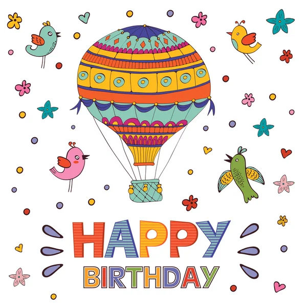 Happy birthday card with hot air balloon and birds — Stock Vector