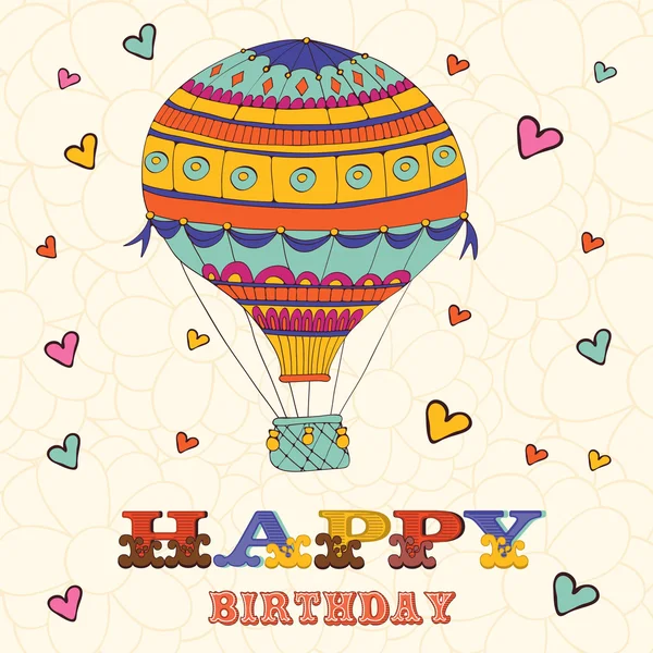 Happy birthday card with hot air balloon and hearts — Stock Vector