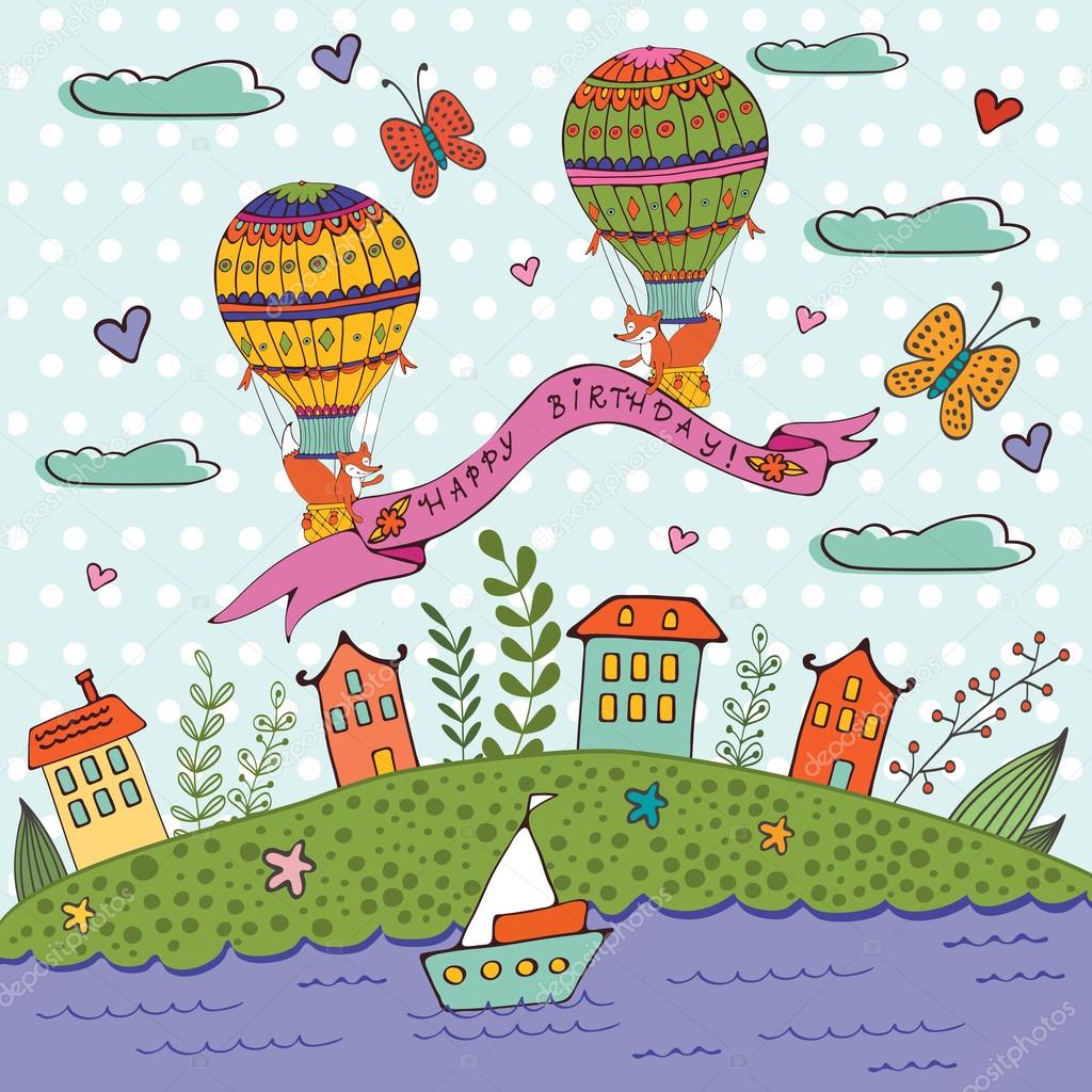 Happy birthday card with hot air balloons and houses