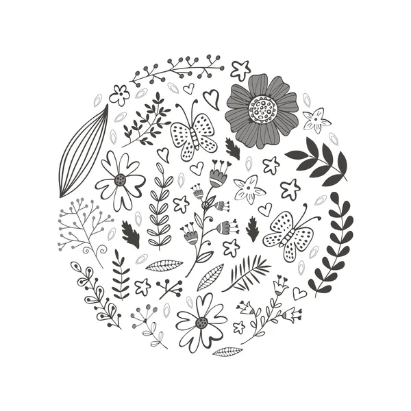 Κομψή στρογγυλή σύνθεση με λουλούδια φύλλα και κλαδιά — Διανυσματικό Αρχείο