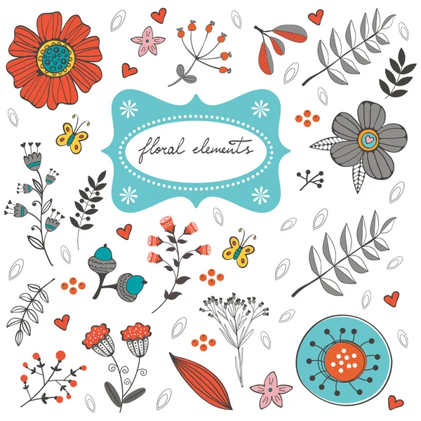 Elegante colección con flores, hojas y ramitas — Vector de stock