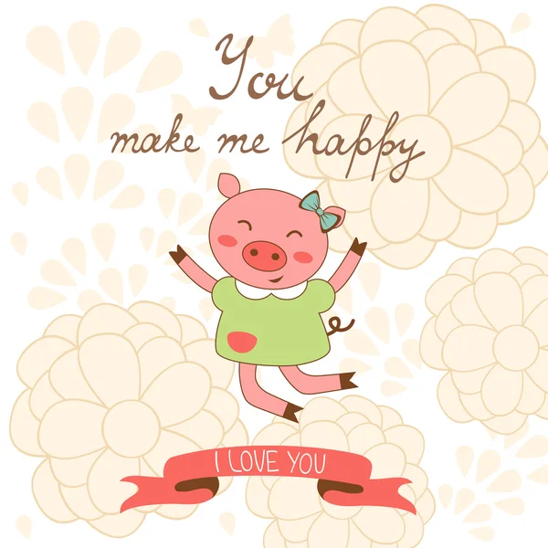 You make me happy romantic card with cute jumping pig — Stock Vector