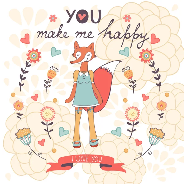 You make me happy romantic card with cute fashionable fox. — Stock Vector