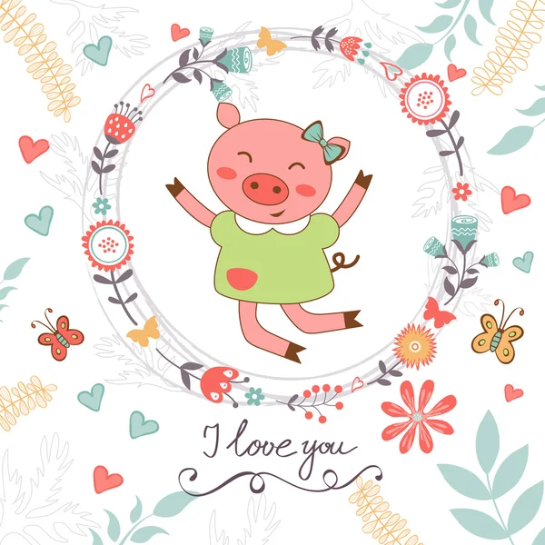 Love romantic card with cute jumping pig. — Stock Vector