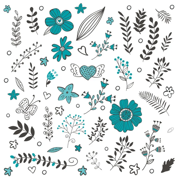 Elegante colección con flores, hojas y ramitas — Vector de stock