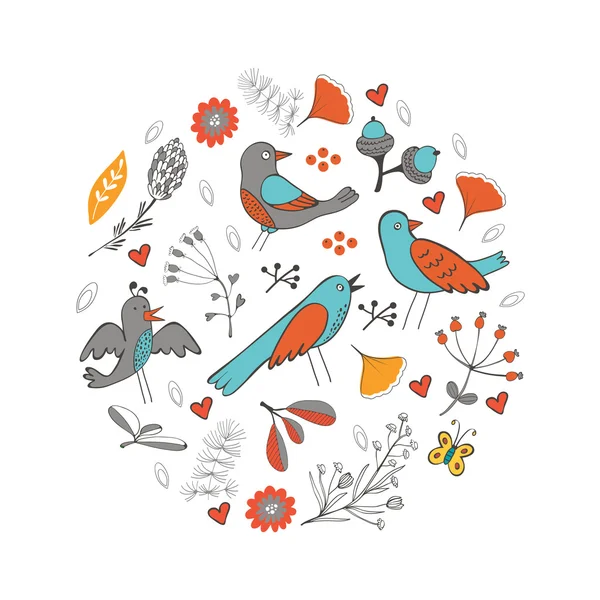 Colorata composizione rotonda con uccelli e fiori — Vettoriale Stock