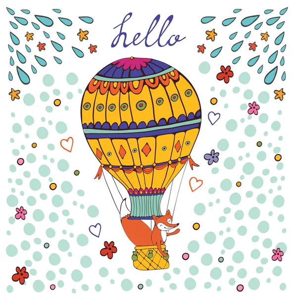 Cute hello card with hot air balloon and fox — Stock Vector